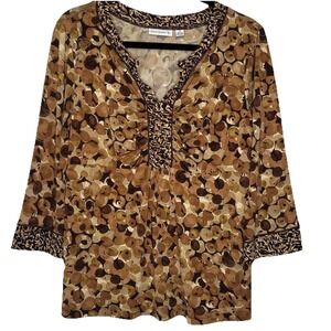 Susan Graver Liquid Knit Tunic Top Med Mixed Print Brown 3/4 Sleeve Blouse Boho